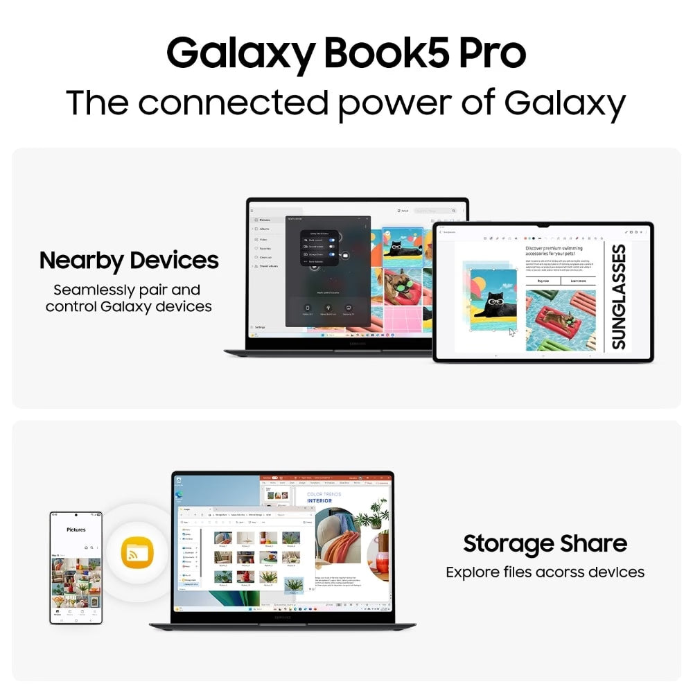 Promotional graphic for the Samsung Galaxy Book5 Pro, showing compatibility with nearby devices, sunglasses, a smartphone, and a laptop for file sharing, on a light gray background.