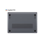 The underside of a gray laptop, showing four black rubber feet, a vented grille, and a hinge, with the Copilot+PC logo printed in the top-left corner on a white background.