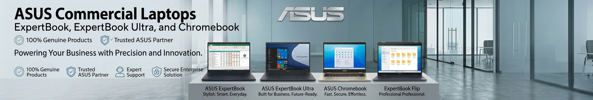Advertisement for ASUS commercial laptops with a modern office setting.