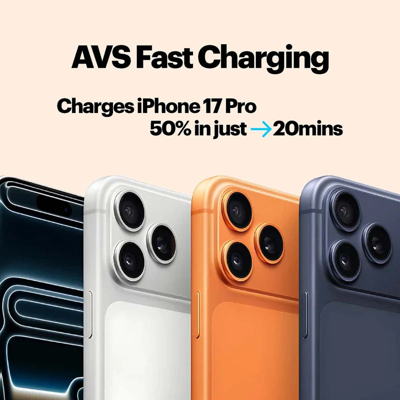 Four iPhone models in different colors with AVS Fast Charging text on a beige background