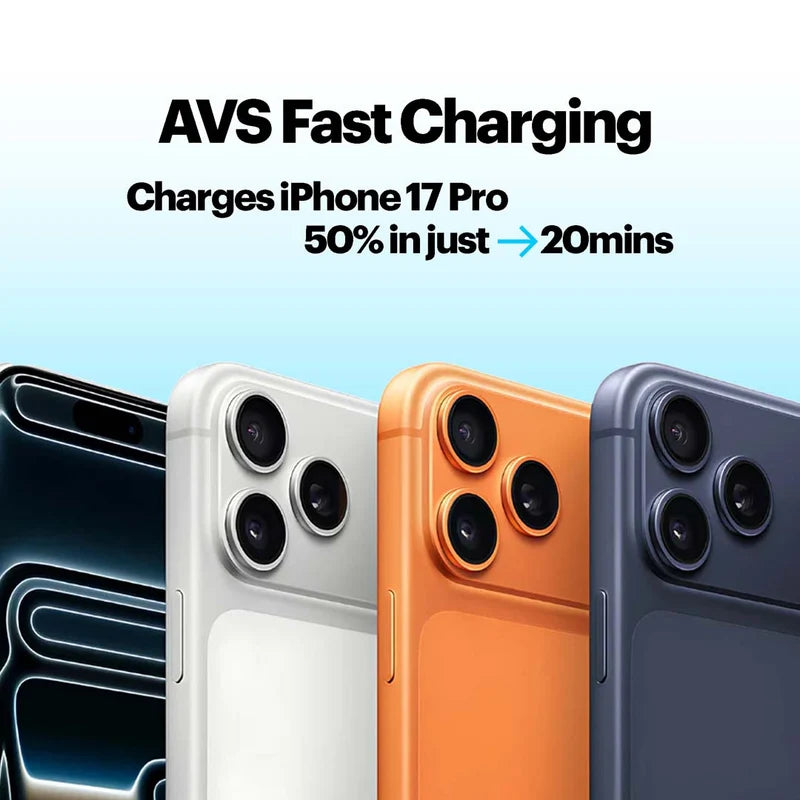 Promotional graphic showing four smartphone back views in black, white, orange, and dark blue-gray, with text reading 'AVS Fast Charging' and 'Charges iPhone 17 Pro 50% in just -> 20mins' on a light blue gradient background.
