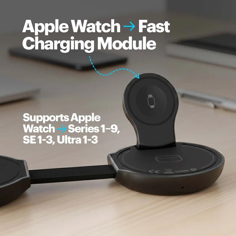 Fast charging module for Apple Watch on a wooden surface with text indicating compatibility.