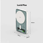 Wireless charger with 'Lucid Plus' branding and dimensions on a light gray background