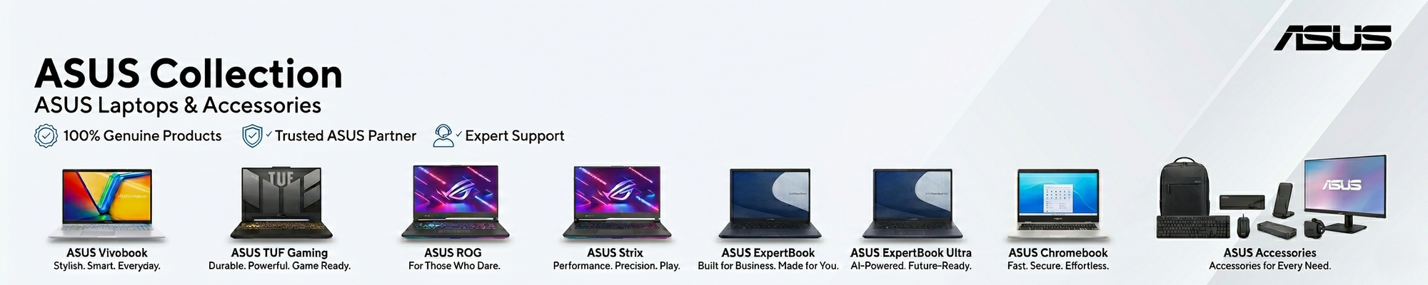 ASUS laptop and accessories collection with various models displayed.