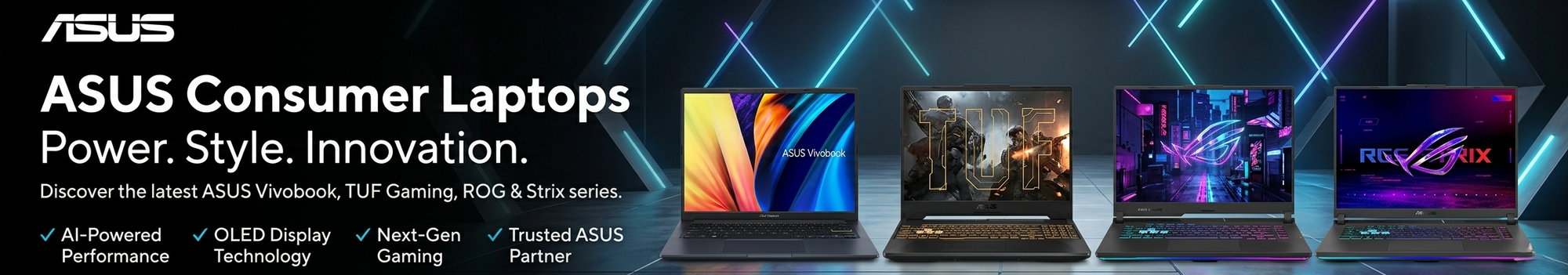 ASUS laptop advertisement with various models on a dark background