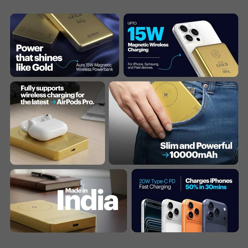 Collage of a gold power bank with charging capabilities and 'Made in India' label.