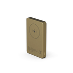 A rectangular portable power bank in a metallic gold finish, featuring a circular wireless charging symbol on its front face, shown on a clean white background.