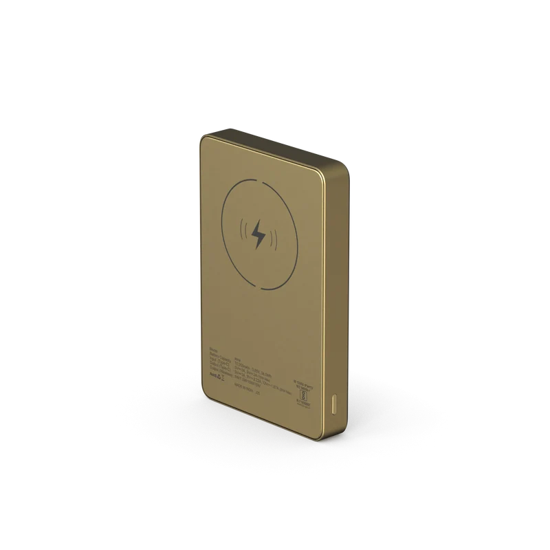 A rectangular portable power bank in a metallic gold finish, featuring a circular wireless charging symbol on its front face, shown on a clean white background.