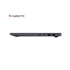 A slim dark gray laptop shown from the side profile on a white background, with the Copilot+PC logo displayed above it.