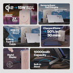 Collage of fast charging devices with text highlighting features like 15W wireless charging, 35W PD wired charging, and 10000mAh capacity.