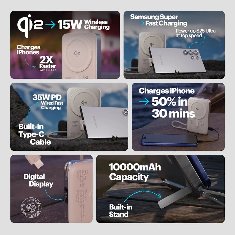 Collage of fast charging devices with text highlighting features like 15W wireless charging, 35W PD wired charging, and 10000mAh capacity.