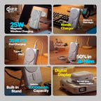 A 2x3 collage showing a silver 25W magnetic wireless charger in use on a desk, with text callouts for 25W magnetic wireless charging, hidden in plain sight, 35W PD fast charging via Type-C port, 50% battery in 30 mins, built-in stand, 10000mAh capacity, and digital display.