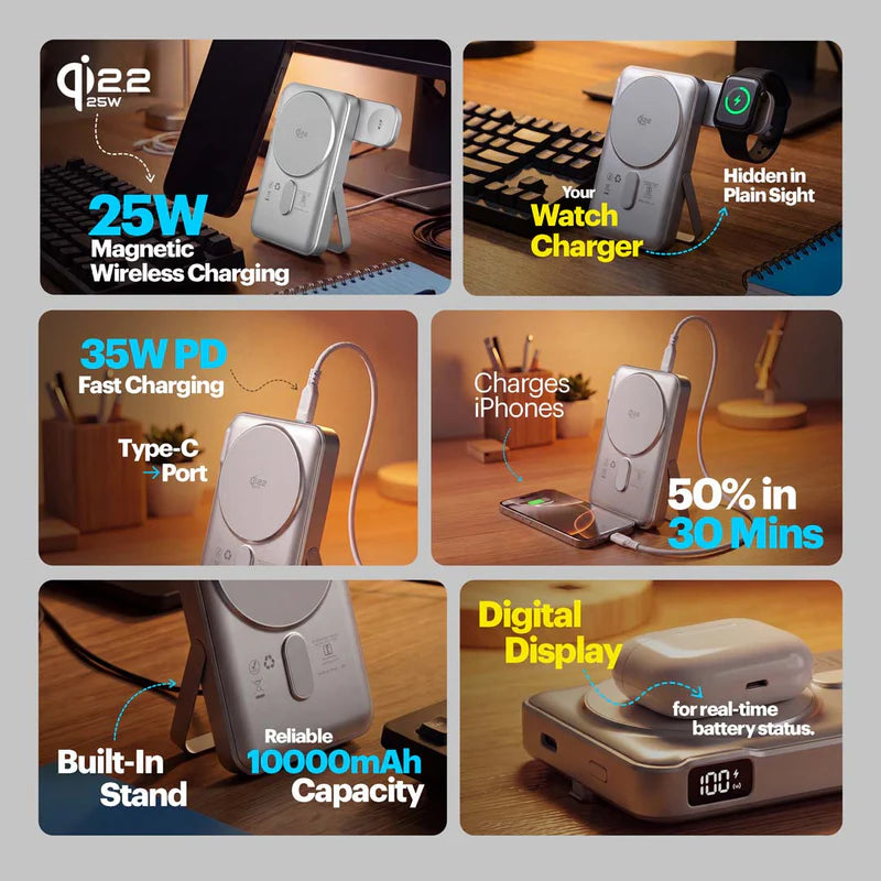 A 2x3 collage showing a silver 25W magnetic wireless charger in use on a desk, with text callouts for 25W magnetic wireless charging, hidden in plain sight, 35W PD fast charging via Type-C port, 50% battery in 30 mins, built-in stand, 10000mAh capacity, and digital display.