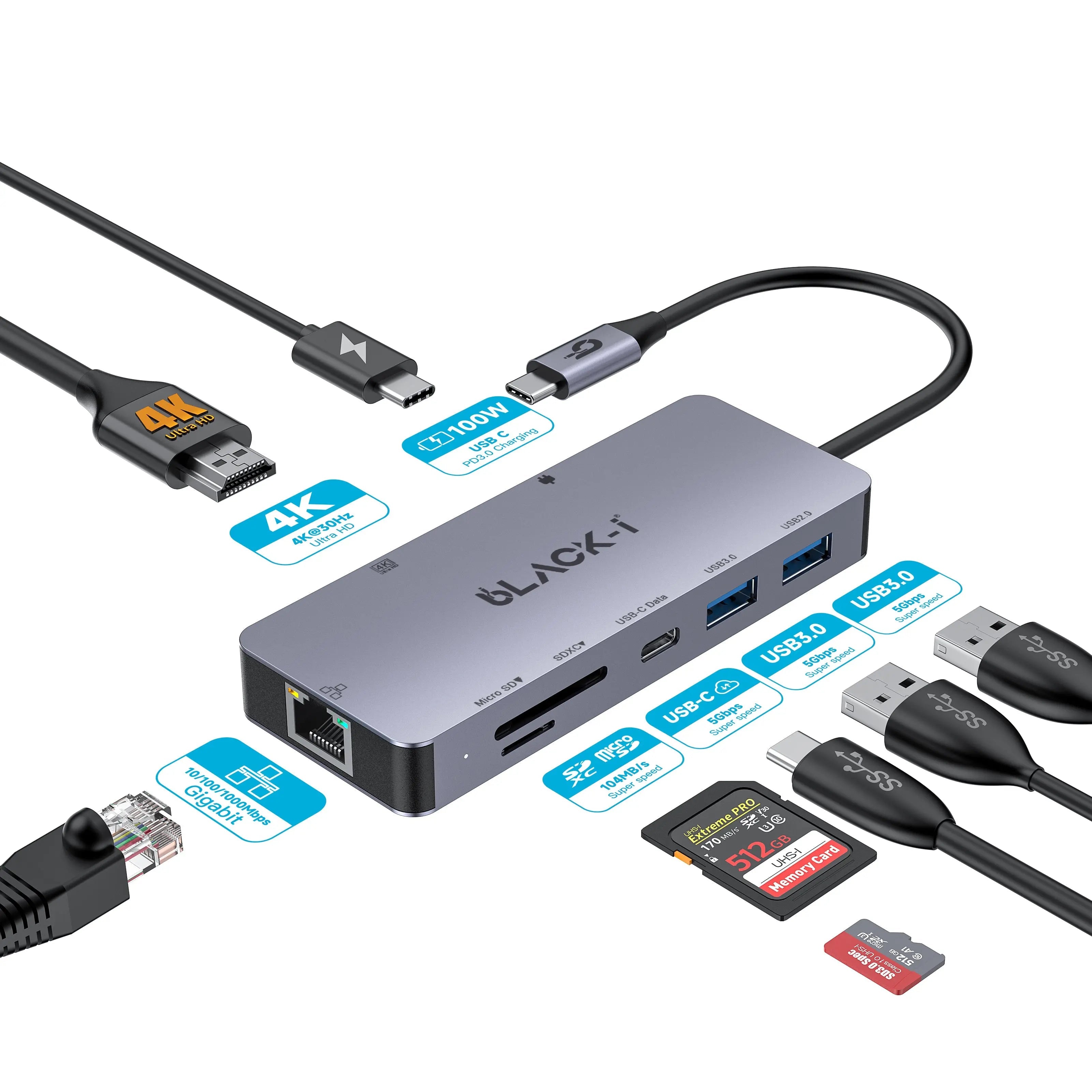 Black-i Type-C hub with HDMI, USB , PD , Gigabit Lan & Car reader