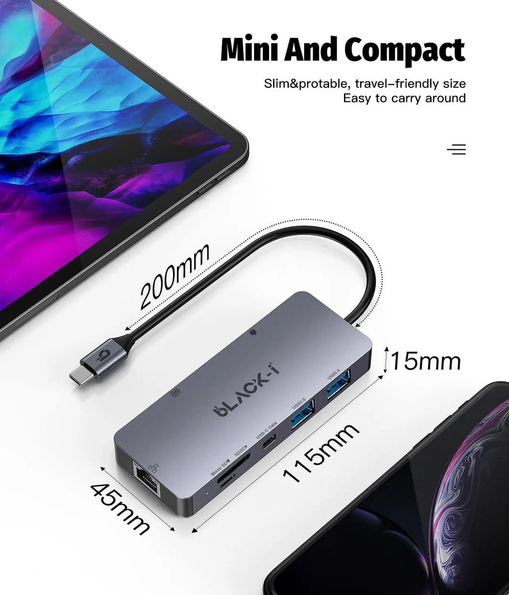 Black-i Type-C hub with HDMI, USB , PD , Gigabit Lan & Car reader