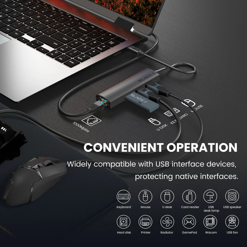 Black-i USB-C to 3-Port USB 3.0 Hub & Gigabit Lan