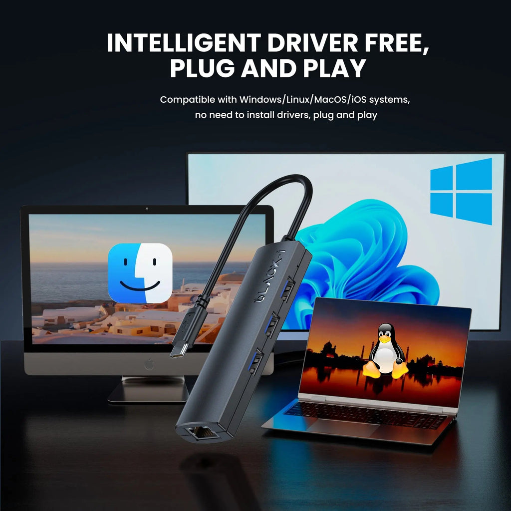Black-i USB-C to 3-Port USB 3.0 Hub & Gigabit Lan
