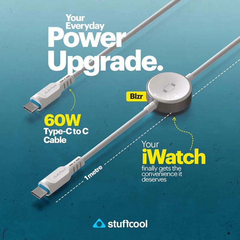 60W Type-C to C cable with Blrz branding on a blue background, featuring Stuffcool logo.