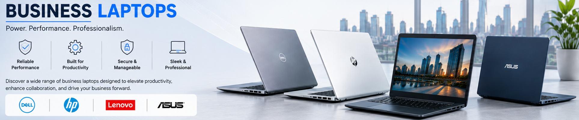 Three laptops on a table with a cityscape in the background, featuring HP, Lenovo, and Asus logos.