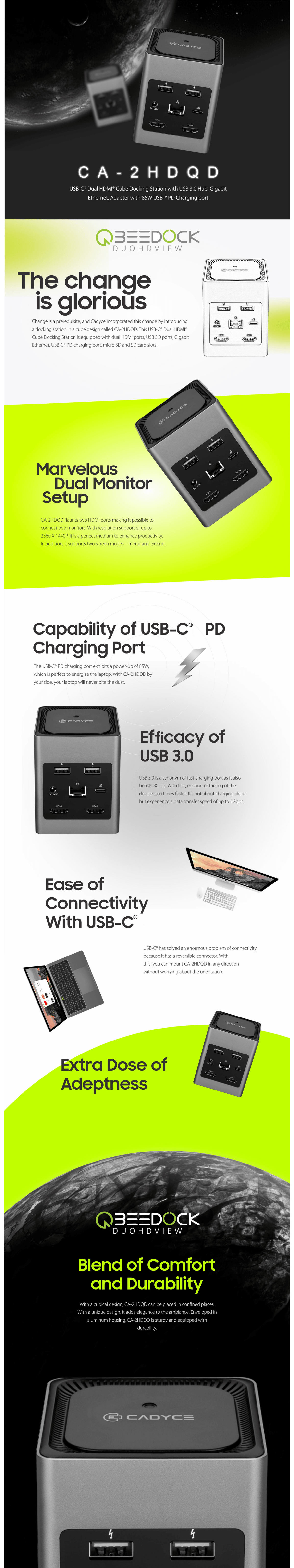Cadyce CA-2HDQD USB-C Dual HDMI Cube Docking Station displayed front view