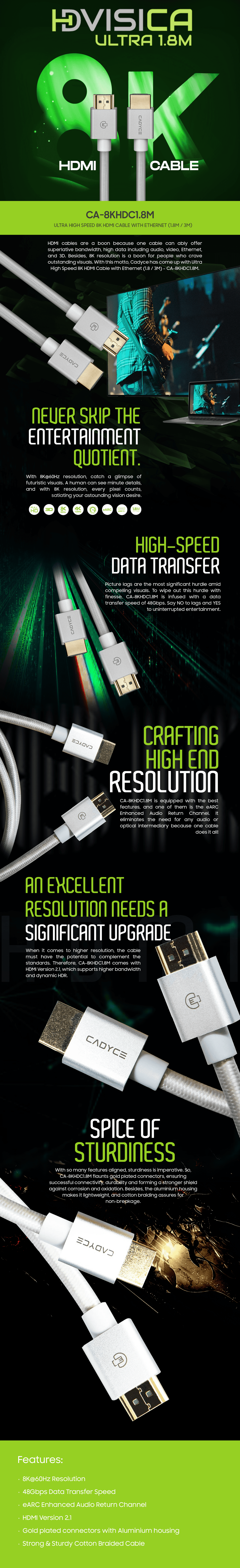 Cadyce CA-8KHDC1.8M Ultra High Speed 8K HDMI cable, 8‑meter length, sleek cotton‑braided design