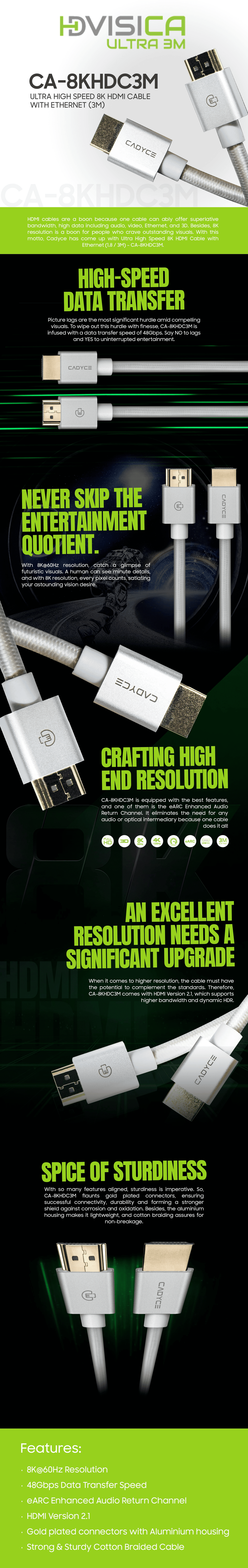 Cadyce CA-8KHDC3M Ultra High Speed 8K HDMI Cable with Ethernet displayed in full length