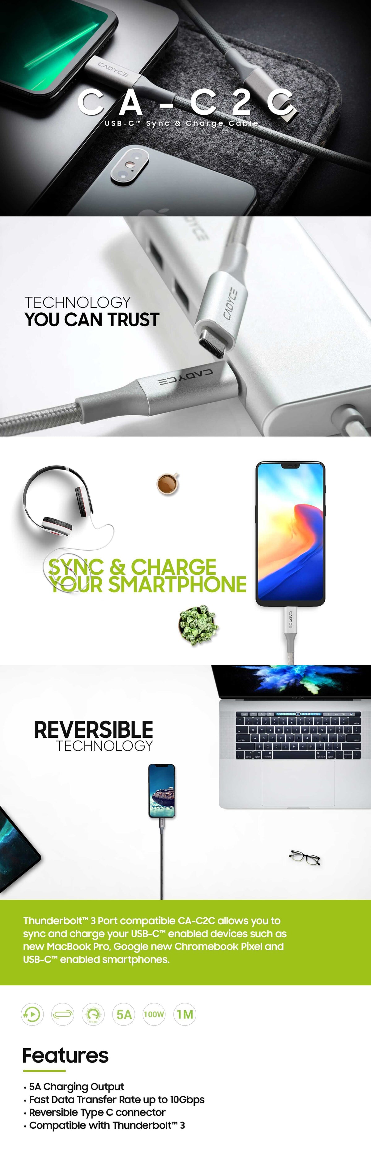 Cadyce CA-C2C USB-C Sync & Charge Cable, white 1‑metre length with metallic silver connectors