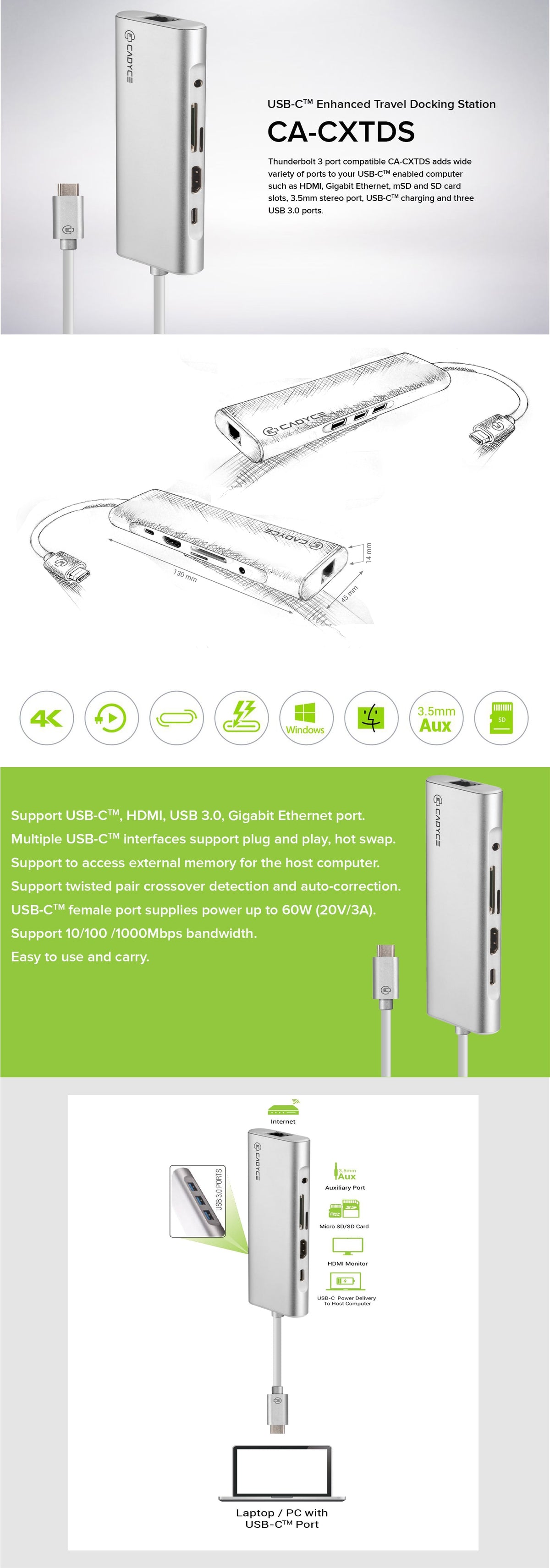 A multi-view product infographic for a silver CA-CXTDS USB hub, showing the device from multiple angles, connection diagrams, and feature icons on a white and green background.