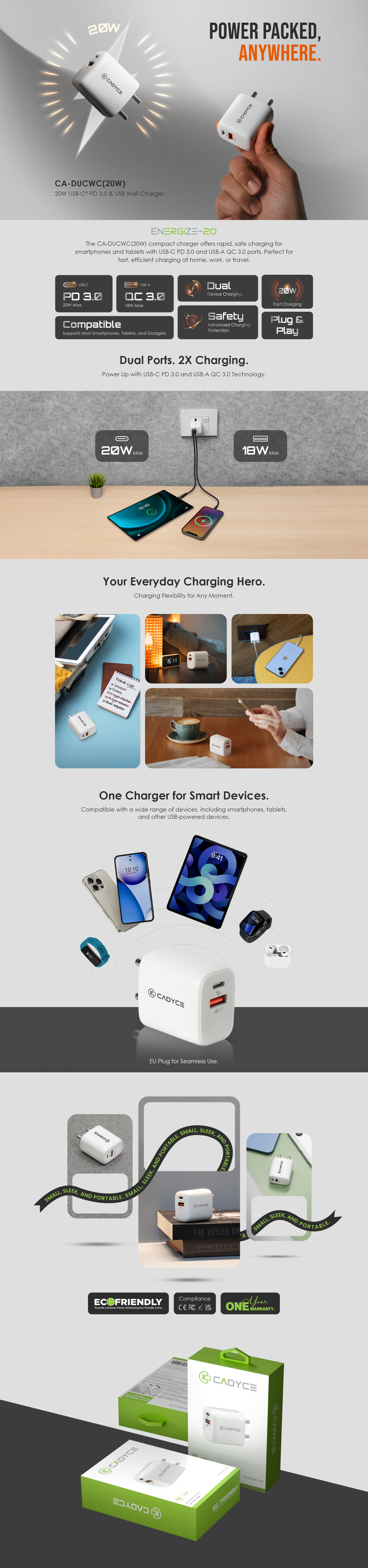 Cadyce CA-DUCWC 20W USB‑C PD 3.0 & USB wall charger shown on the product webpage