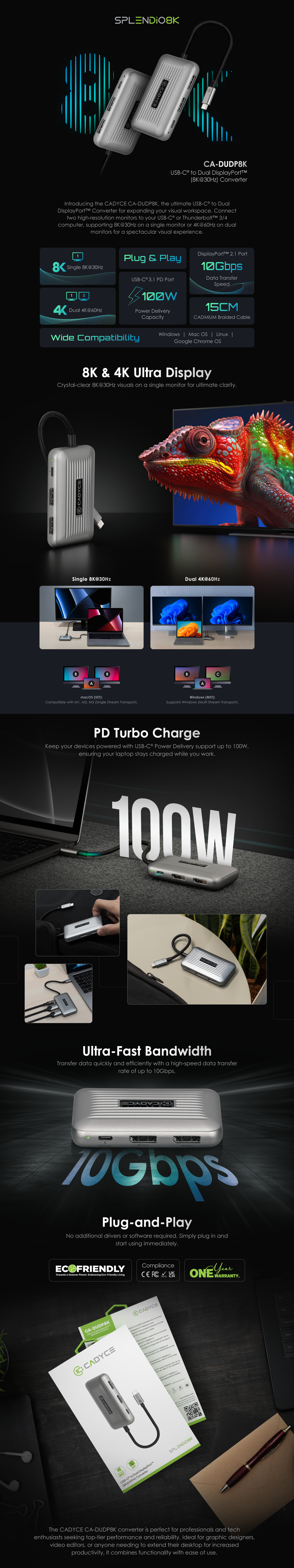 CADYCE USB‑C to Dual DisplayPort Converter (CA‑DUDP8K) featured on the product webpage layout, optimized for online viewing
