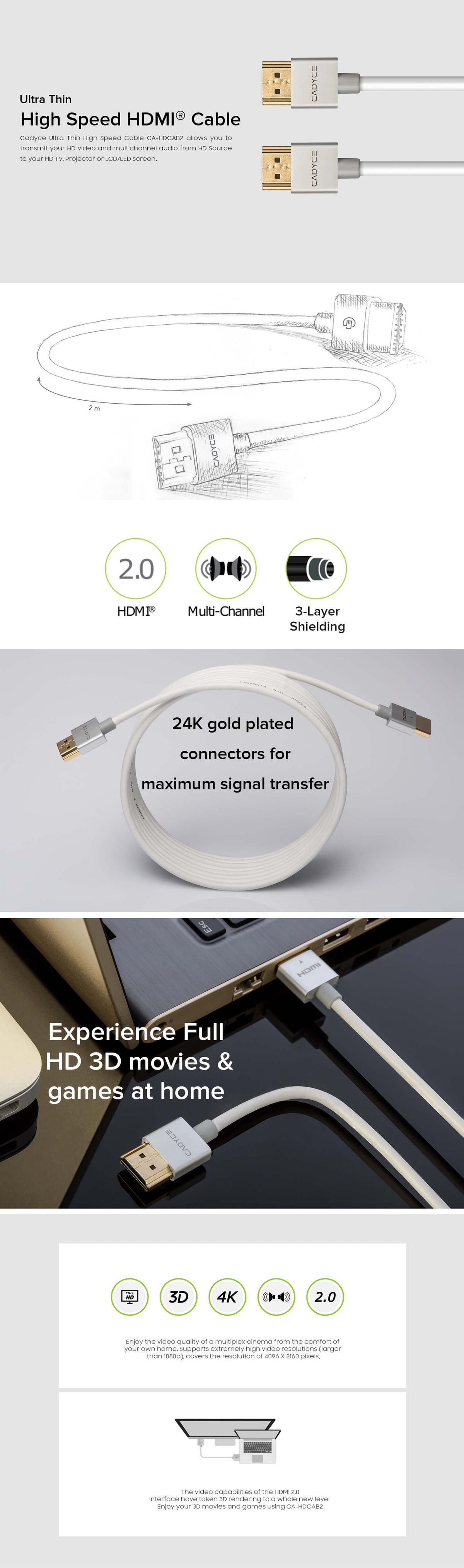 Cadyce CA-HDCAB2 HDMI Cable with Ethernet, 2‑metre 4K high‑speed cable