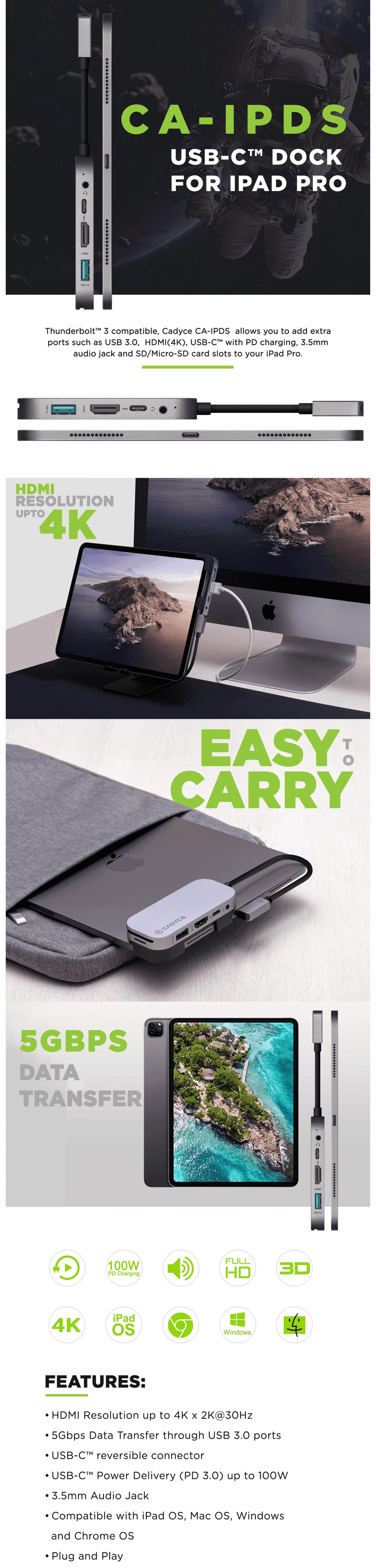 Cadyce CA-IPDS USB-C Multi-Function Docking Station front view displaying ports and cable