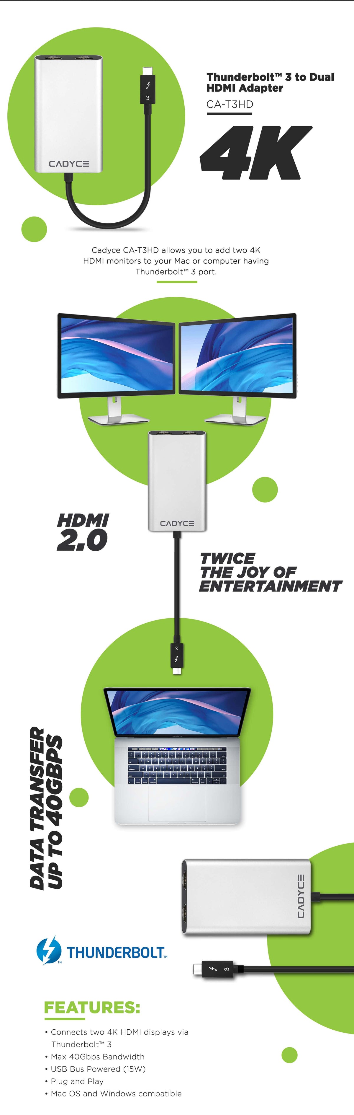 Cadyce CA‑T3HD Thunderbolt™ 3 to Dual HDMI Adapter displayed from angle b, highlighting dual HDMI ports