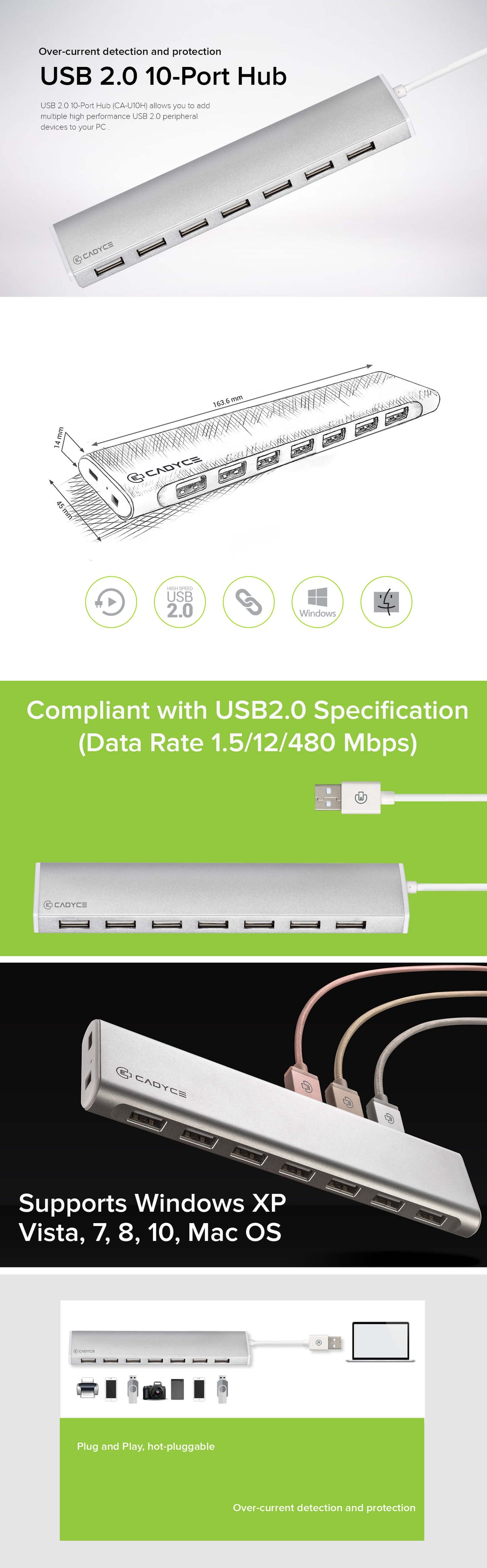 Cadyce CA-U10H USB 2.0 10-Port Hub displayed with its sleek black body and ten USB ports