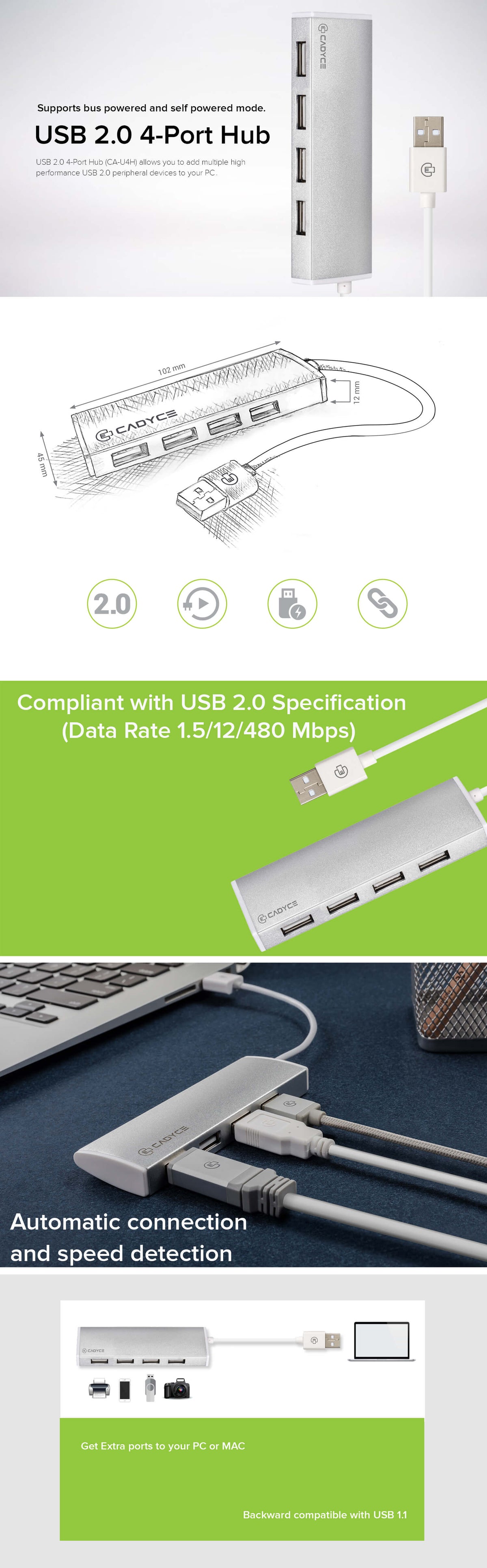 A 4-port USB 2.0 hub shown in a clean product presentation with feature callouts, including a white hub, a line drawing with dimensions, compatibility text, and a lifestyle close-up of the hub connected to a laptop on a desk.