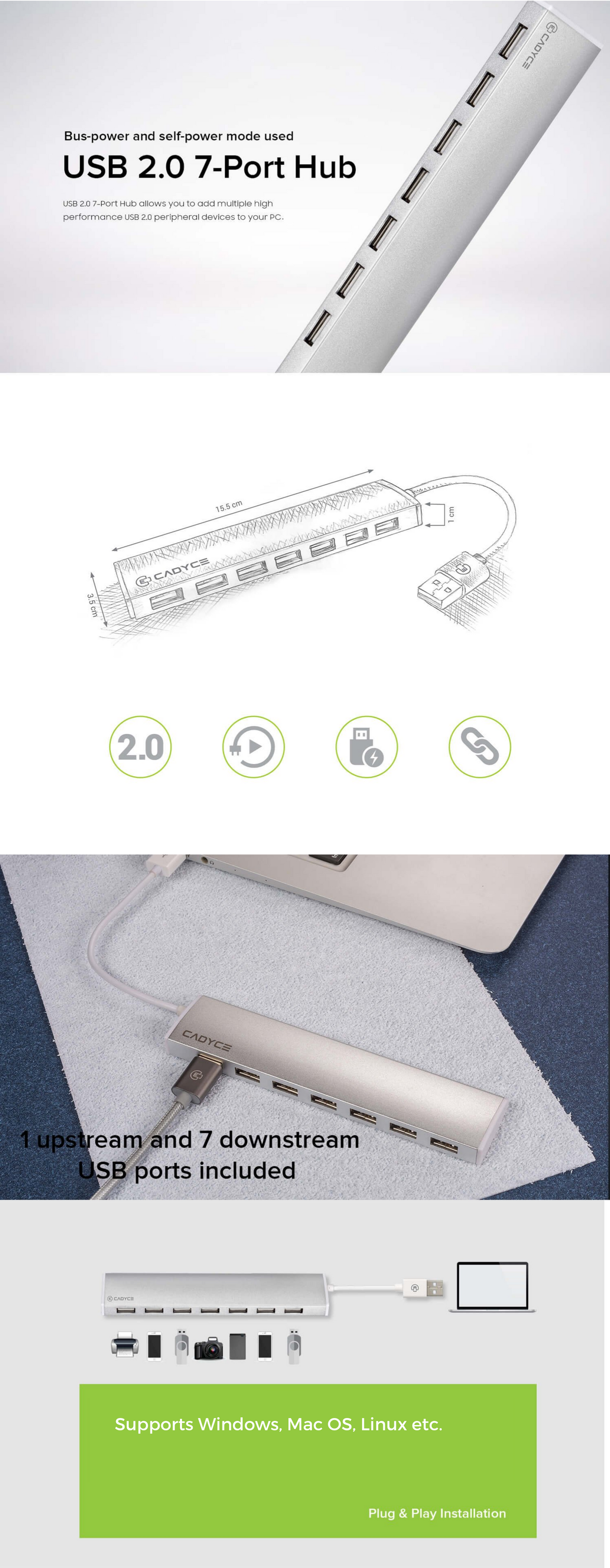 A promotional infographic for a USB 2.0 7-port hub, showing the hub itself, port specifications, included accessories, and compatibility text on a white background with a green footer.