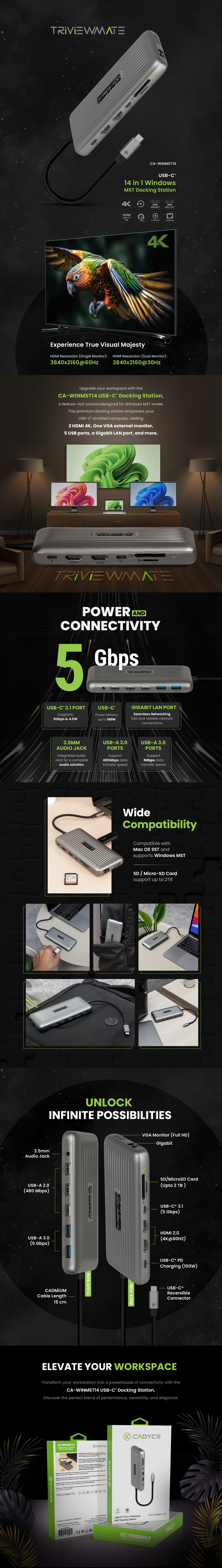 A tall promotional infographic for a portable power station, showing the product in multiple scenes, feature callouts, and text blocks. The main product appears as a black rectangular device with green and white accents, shown alongside a laptop, phone, and other gadgets.
