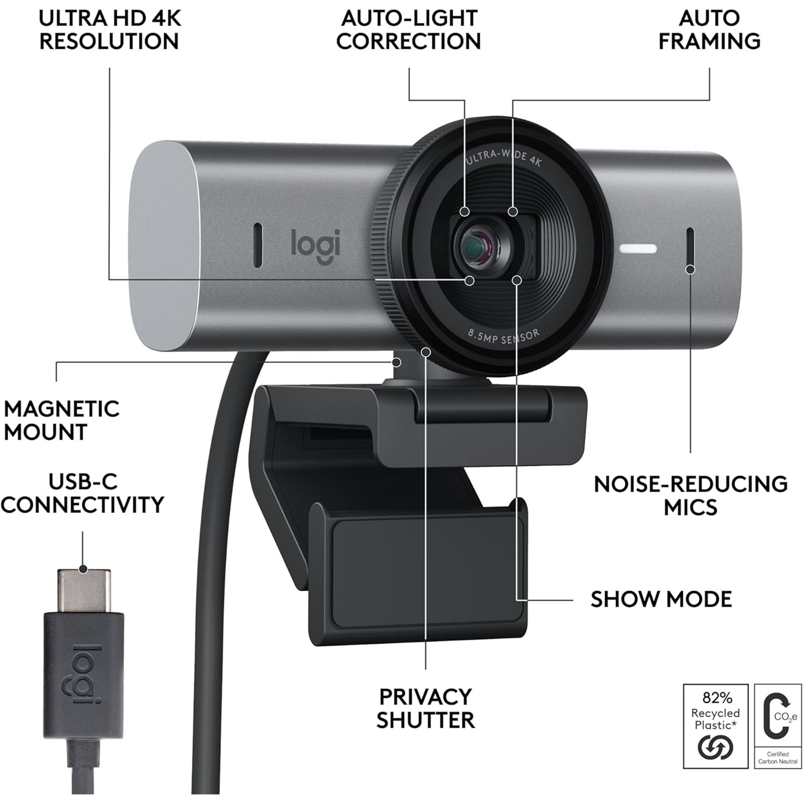 Logitech Master Series MX Brio 4K Ultra HD USB-C Collaboration and Streaming Webcam with Dual Mics - Graphite