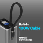 A close-up of a silver electronic device with a black built-in cable attached, shown on a dark gray gradient background with the text 'Built-In 100W Cable for Max Convenience'.