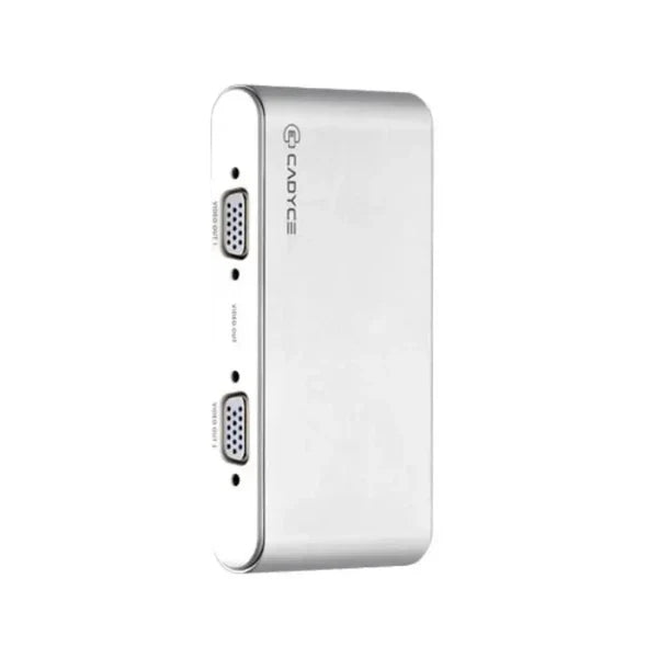 CADYCE CA-2VSP 2‑Port VGA Splitter showing its aluminium case with 500 MHz bandwidth label and Full HD support