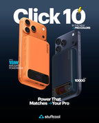 Orange and blue phone cases with power bank features on a dark background, featuring 'stuffcool' brand.