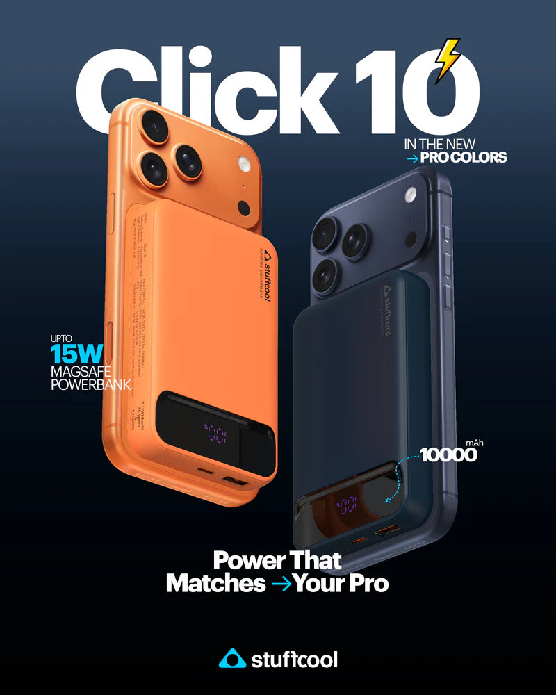 Orange and blue phone cases with power bank features on a dark background, featuring 'stuffcool' brand.