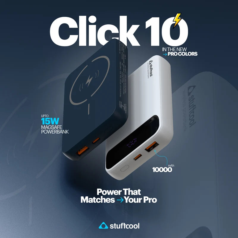 Power bank with charging cable on a dark blue background, featuring 'stuffcool' branding.