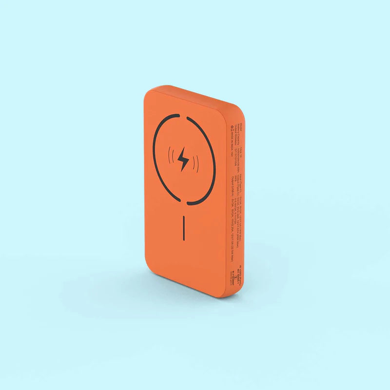 Orange rectangular device with a charging symbol on a light blue background