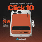 Orange power bank with 'stuffcool' branding on a dark background