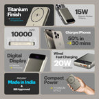 Product advertisement with features like titanium finish, wireless charging, and fast charging on a gray background.