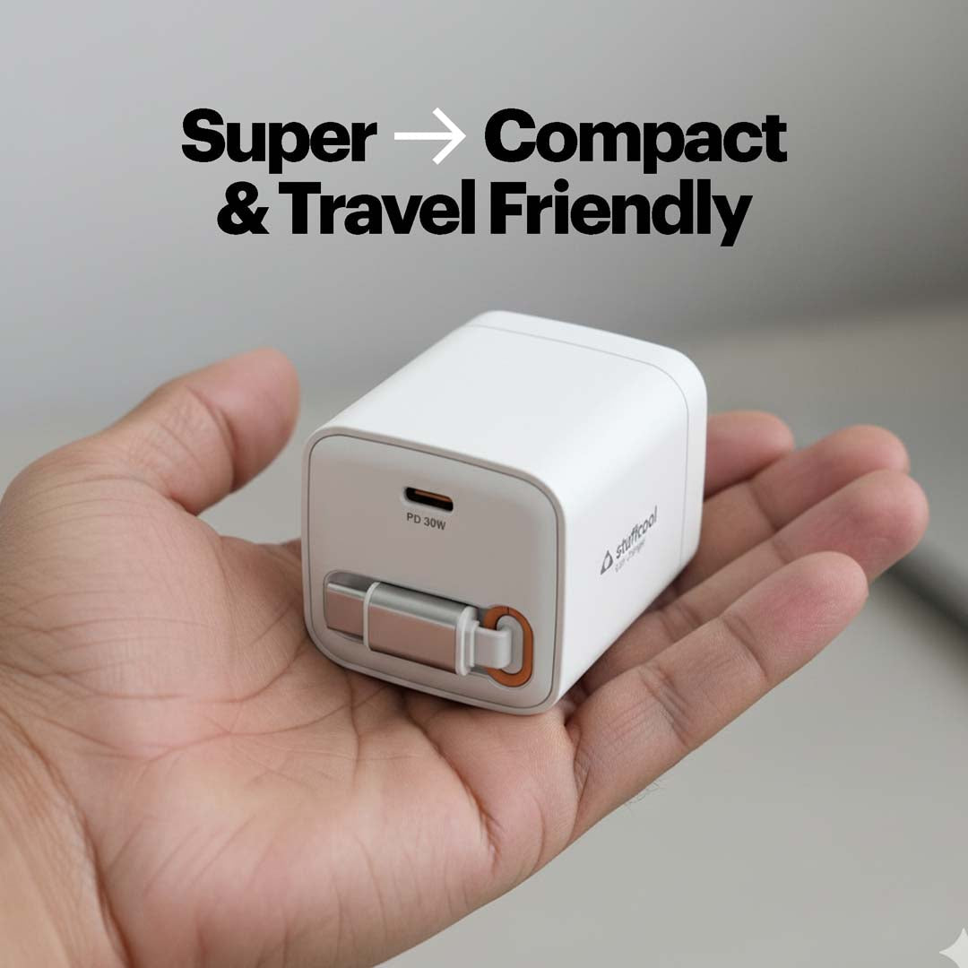 Zeno 30W GaN Wall Charger with USB-C Port & Built-in Retractable Type-C Cable