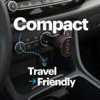 A black car cigarette lighter adapter plugged into a vehicle's power outlet, shown inside a car cabin. Large white text reads 'Compact' and 'Travel Friendly' with a blue arrow, highlighting the product's size and suitability for travel.