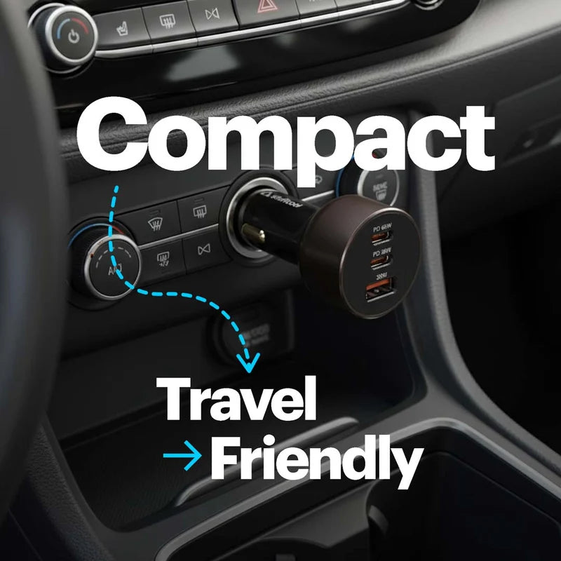 A black car cigarette lighter adapter plugged into a vehicle's power outlet, shown inside a car cabin. Large white text reads 'Compact' and 'Travel Friendly' with a blue arrow, highlighting the product's size and suitability for travel.
