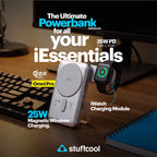 A silver Stuffcool Omni Pro power bank with built-in wireless charging pads, shown charging an Apple Watch on a wooden desk with a keyboard and monitor in the background. Text overlays highlight its 10000mAh capacity, 35W PD type-C port, 25W magnetic wireless charging, and Qi2.